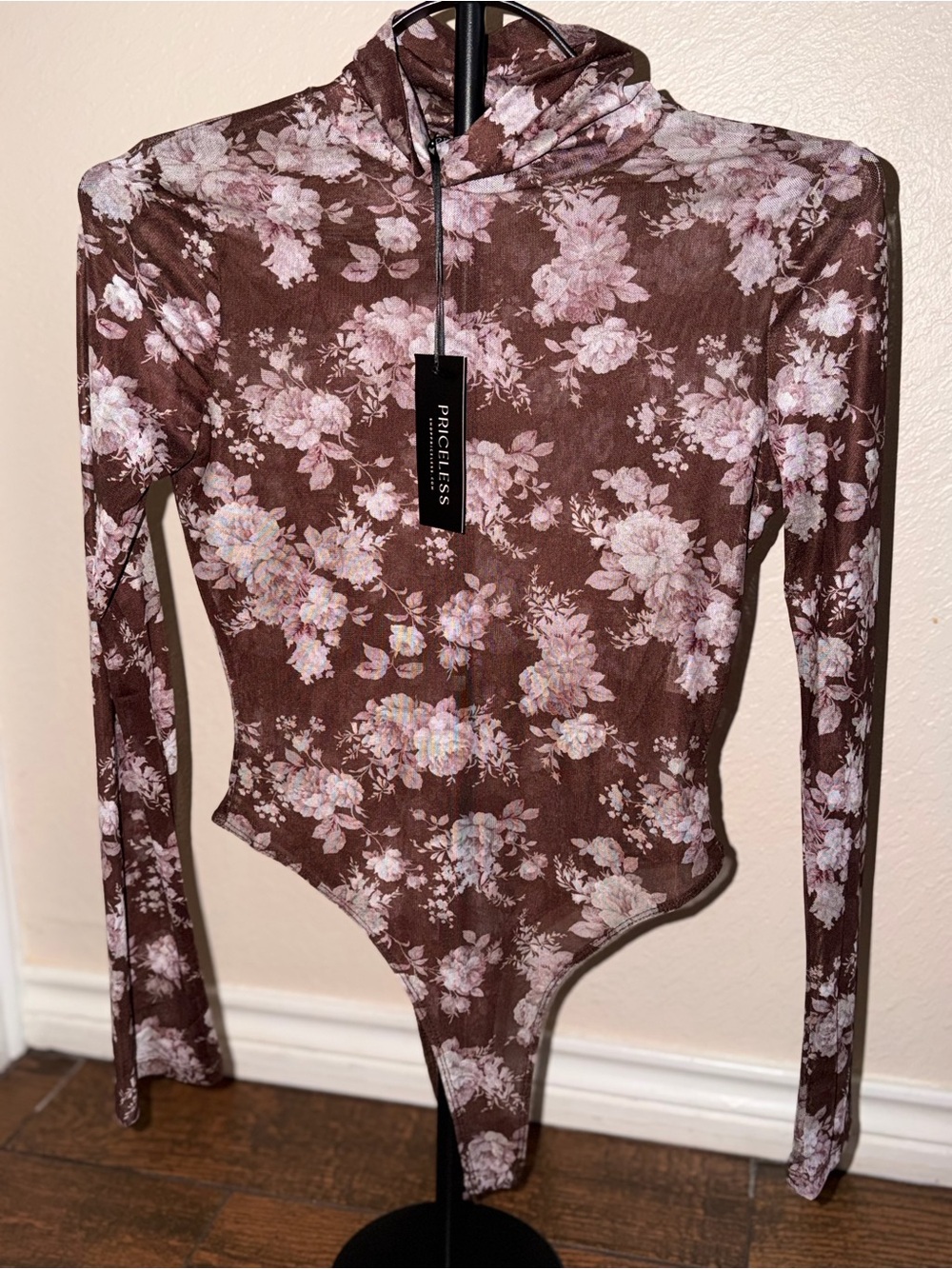 Priceless Floral Brown Long-Sleeve Hooded Bodysuit